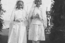 020: Written on the back of the photo "Confirmation day. Mary Reddy and Mary Ennis taken the day we were confirmed by his excellency most Rev. Patrick James Skinner. He is a lovely Bishop". l-r Mary Ennis, Mary Reddy, Babe Ennis (background). The girls are standing under the bishop's arch. (1950) [courtesy of Mary (Reddy) King]- Mary daughter of Michael Reddy &amp;amp; Elizabeth Moore; Mary and Babe daughters of Vincent Ennis &amp;amp; Min Carroll.